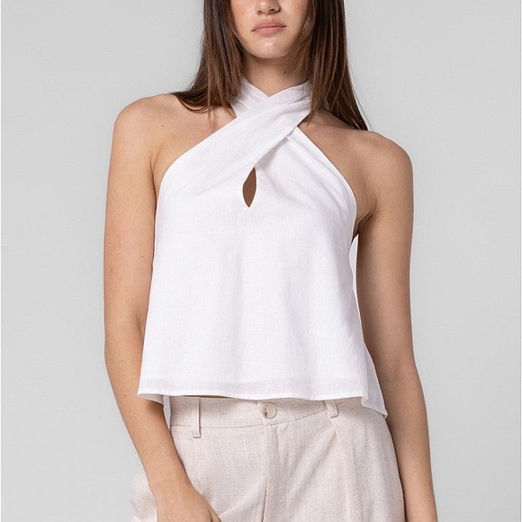 White Linen Halter Bow Top - Picture 1 of 5
